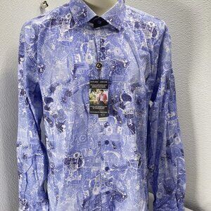 Au Noir Men’s Mirabeau Grid Pattern Button-Up Shirt  Light Blue
